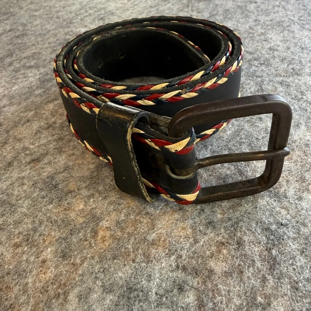 Leather Belt Women 38 Cowhide Leather Black Red White Blue Braided Trim Western